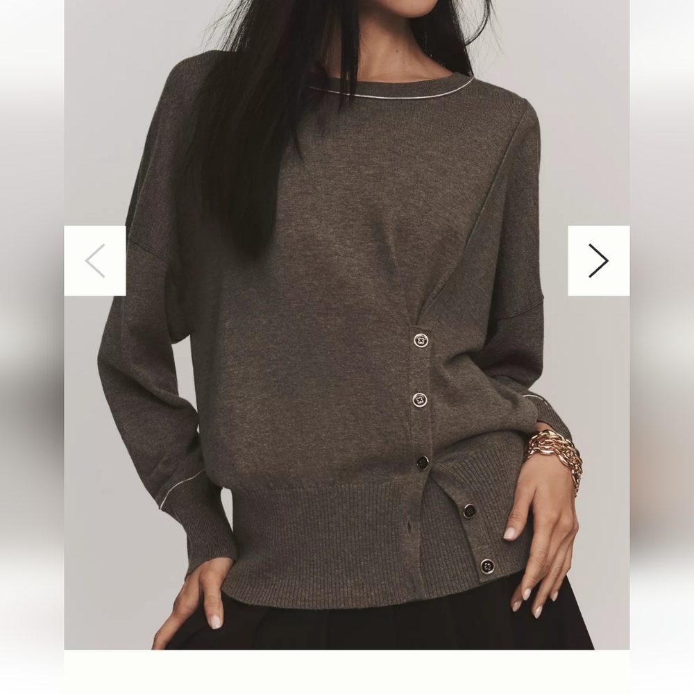 Anthropologie Olive-Brown Crewneck Sweater with Side Button Detail